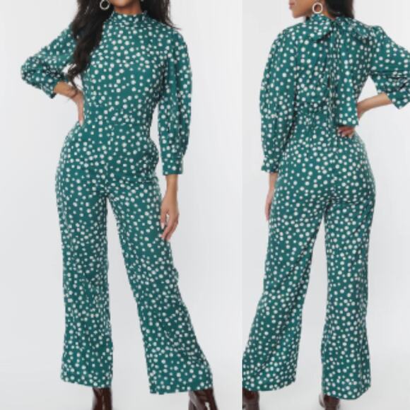 TIMELESS LONDON US 14 1X plus Green Polka Dot Long Sleeve Wide Leg Jumpsuit B69 - Picture 1 of 10